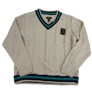 Houston White TARGET Cream Blue Cable Knit L/S V-Neck Pullover Sweater Size L